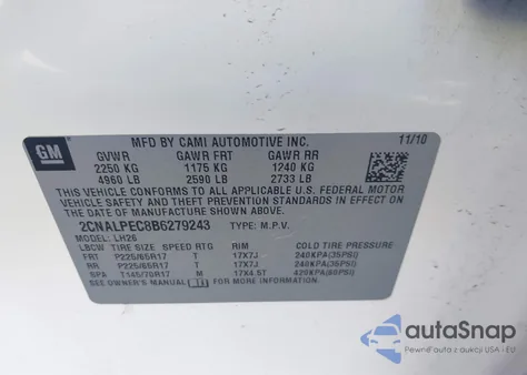 2011 Chevrolet Equinox 2Lt from USA, damaged, VIN 2CNALPEC8B6279243